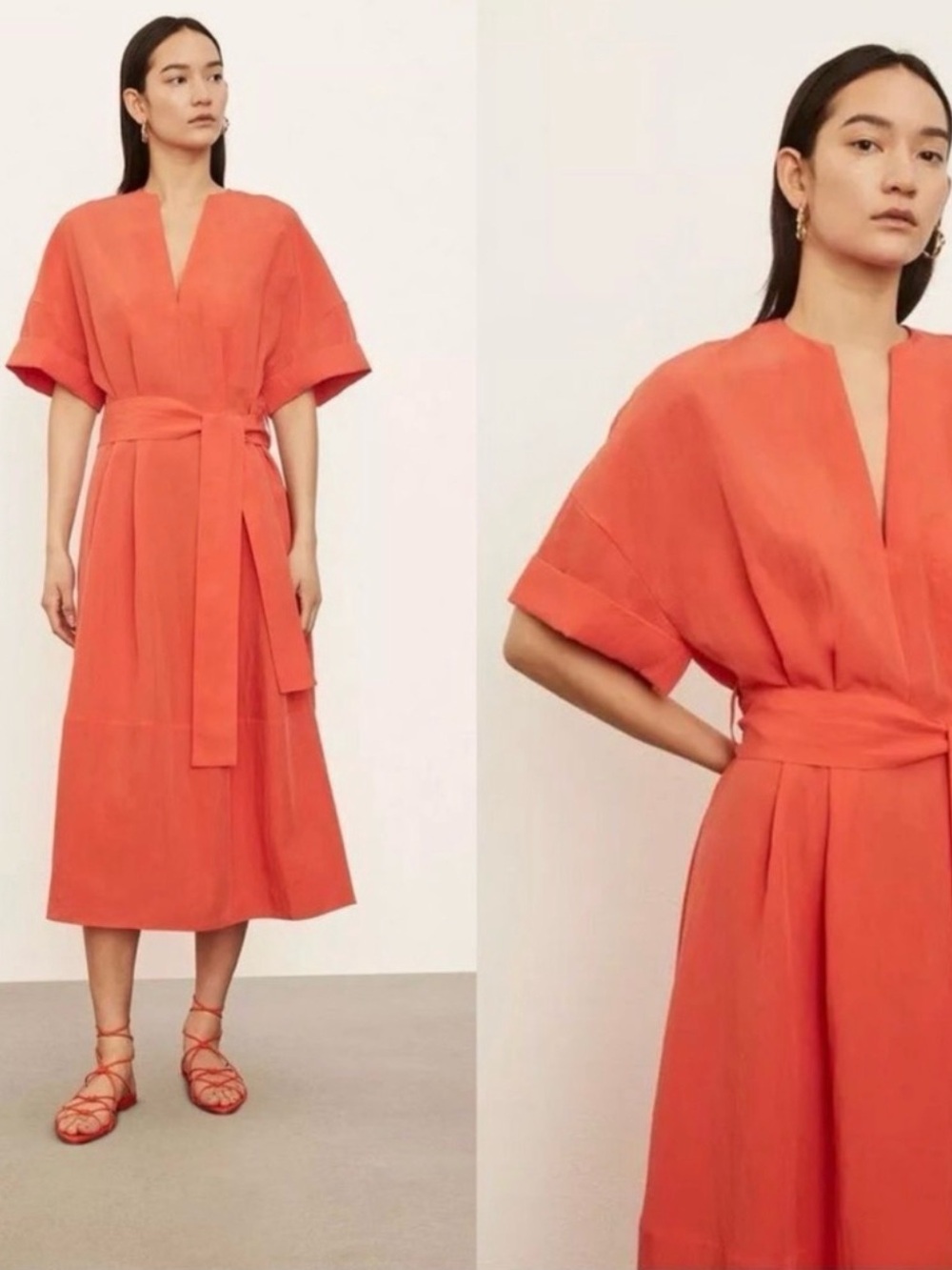 Vince Coral Notch-Neck Midi Dress with Self Tie